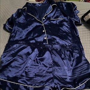 Women's Navy Satin Pajama Set